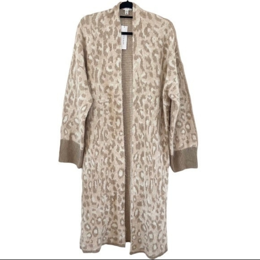 TopShop Beige Leopard Print Wool Blend Long Line Open Front Cardigan